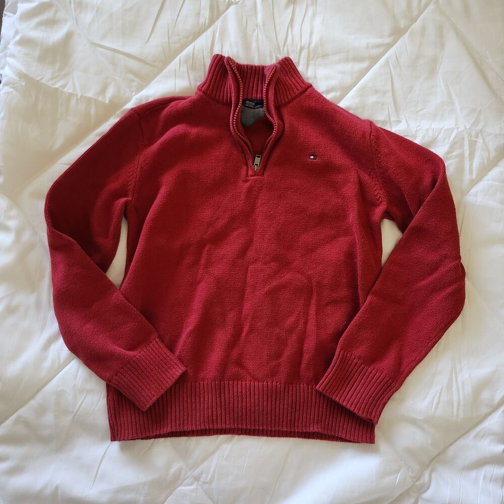 Tommy Hilfiger 100% Cotton Red 1/4 Zip Mock Neck Cotton Sweater Boys Size M